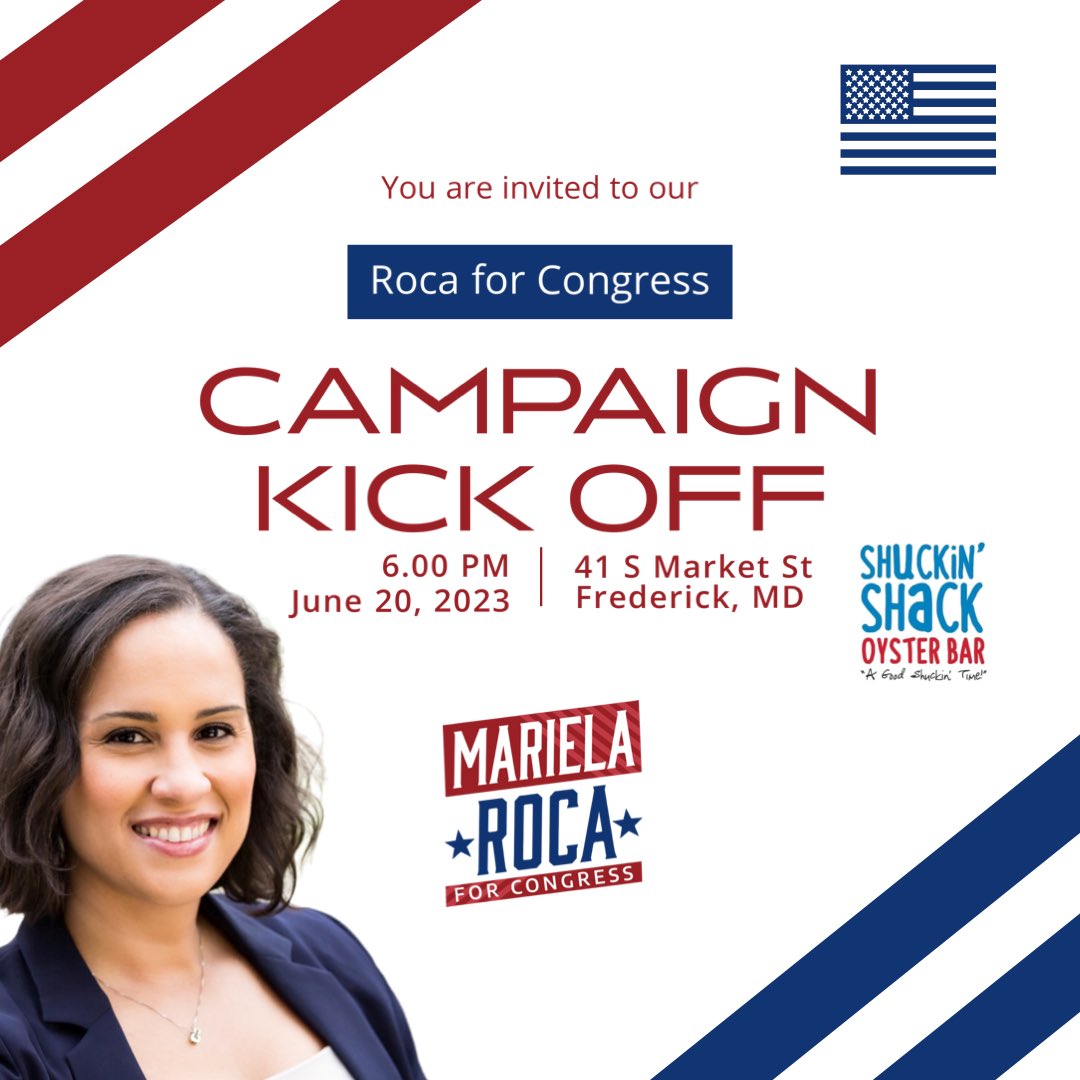 You are cordially invited to attend the Roca for Congress Campaign Kick-Off event! 🇺🇸

Please consider joining us on Tuesday, June 20th. 🎉

Hope to see you there! 🇺🇸

#rocaforcongress #MD06