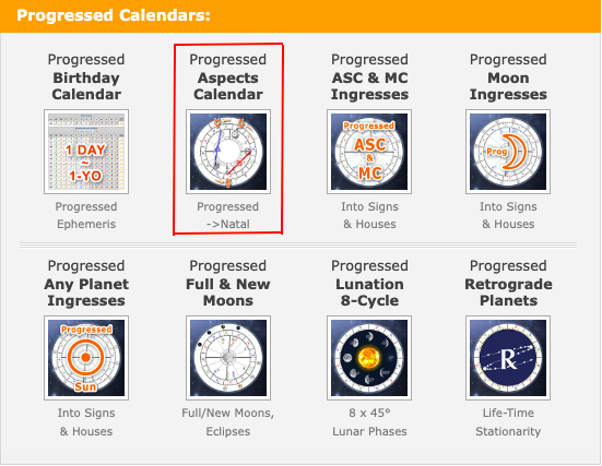 amanjyoshi's tweet photo. ⑤Solar Arc & Secondary Progression(6)
#astroseek では Home > Free Horoscopes > Secondary Progressions で表示できる。ここで重要というか、注目して見るべきはアスペクトのリスト表示の下にある「Progressed Calendars」(写真)だ。その中で「Progressed Aspects Calendar」を見ると…、↓続 https://t.co/nW9kyCta7r
