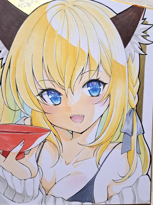 こちらお知らせ忘れそうになった新作色紙です 大色紙1枚とミニ色紙2枚。クリスマスみたいな配色になっちゃったミニ色紙はポストカード絵のキットギツネちゃんです #秋葉原超同人祭 #アナログイラスト #コピックイラスト