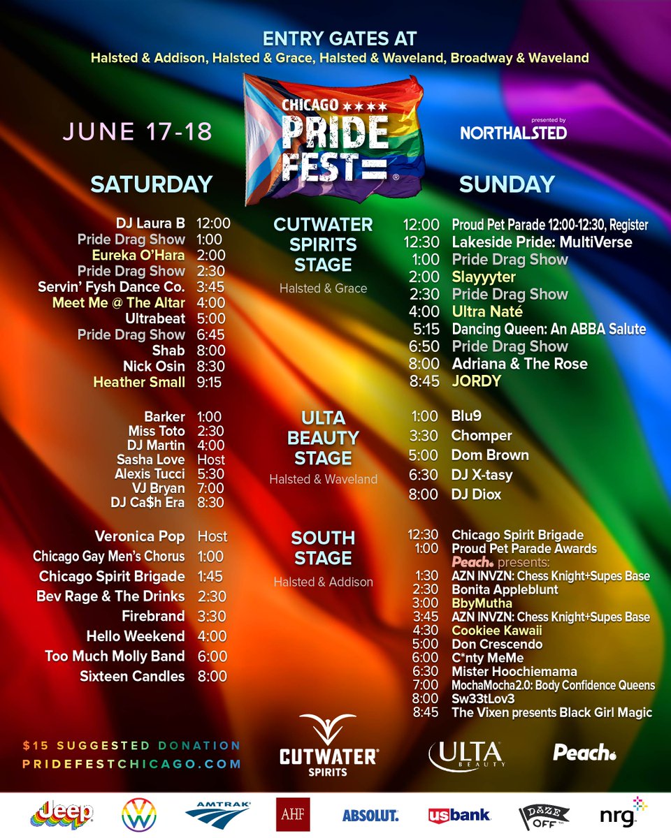 #ChicagoPrideFest 2023 Schedule! Ft.
@MPeopleHeatherS
@slayyyter
@MMATAband
@JORDYMUSIC
@eurekaohara
@ultranatemusic
@bbymutha
@cookieekawaii info at pridefestchicago.com