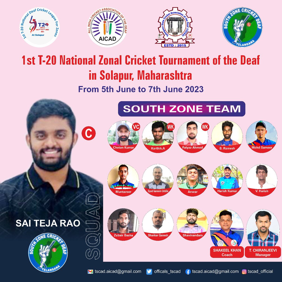 we, TSCAD are happy to inform you that 16 members from South Zone Team will be participating in 1st T-20 National Zonal Cricket Tournament of the Deaf in Solapur, Maharashtra from 5th June to 7th June 2023.