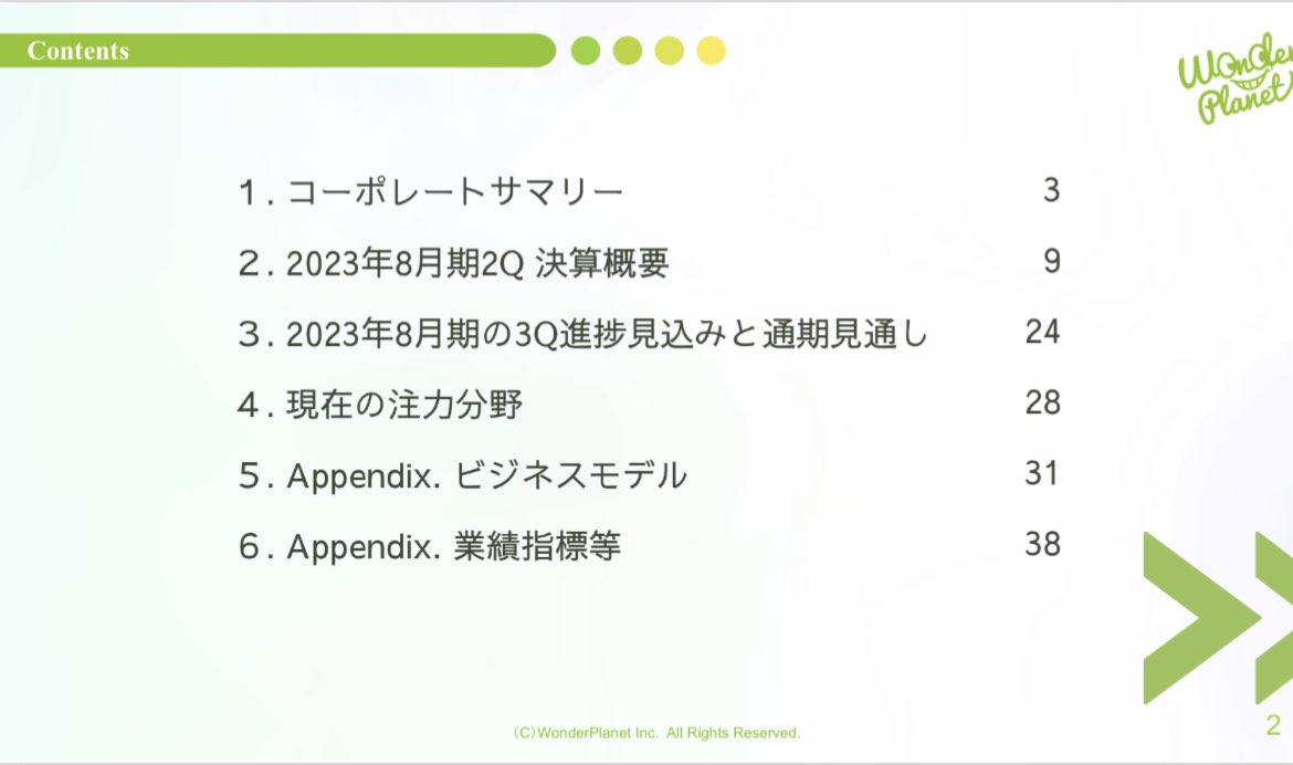 ppt_zukan's tweet photo. 【9割が気づかない】

「あーこれはマネできない、、」

と思っても、分解すると意外とシンプル。

・右下に向けたグラデーション
・筆記体風の会社名
・タイトルバーの丸み棒＋円
・背景はうっすらグラデーション

落ち着いて、要素分解していきましょう！

(ワンダープラネット社/決算説明資料) https://t.co/DFmkGTV9xW