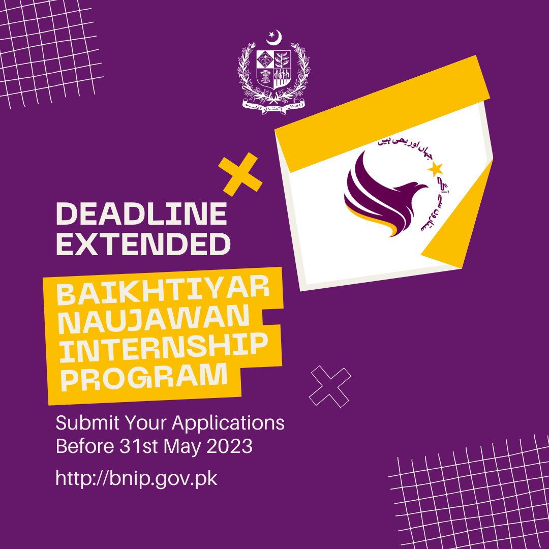 Good news! 🎉 
To ensure no one misses out on this incredible opportunity, we're extending the application deadline for the BNIP. You now have until the 31st of May, 2023. 
Seize this golden chance to redefine your future! 

<a href="/plancompakistan/">Ministry of Planning and Development</a> #BNIP #internship #opportunity