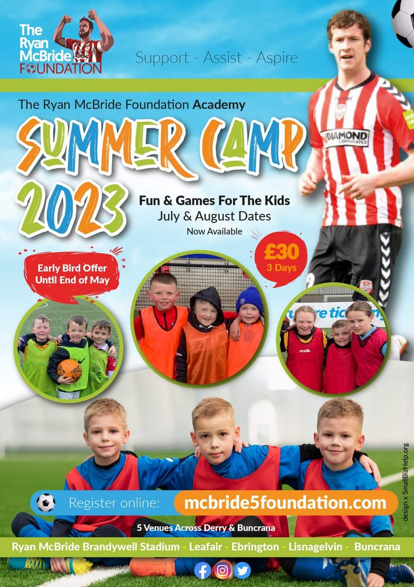 Only a few days left on our early bird offer of £30 on all our camps. Prices will increase June 1st so book and save now! 😁🕔🥇

Limited spots available on all camps and can register from the link below ⚽⚽

mcbride5foundation.com/summer-camps-s…