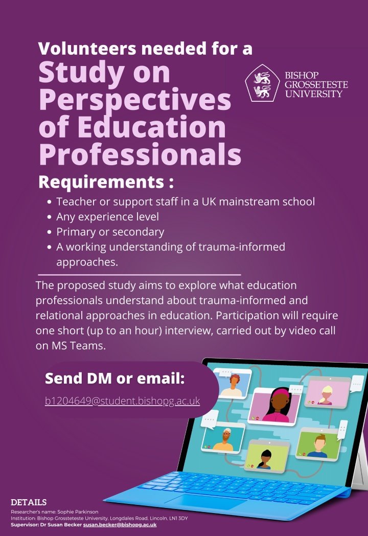 TIAinsight's tweet image. Please RT. 
Teachers and support staff: do you have experience of working with trauma-informed approaches? Can you help with this research?
#traumainformed #education #edutwitter
Contact: b1204649@student.bishopg.ac.uk or DM.