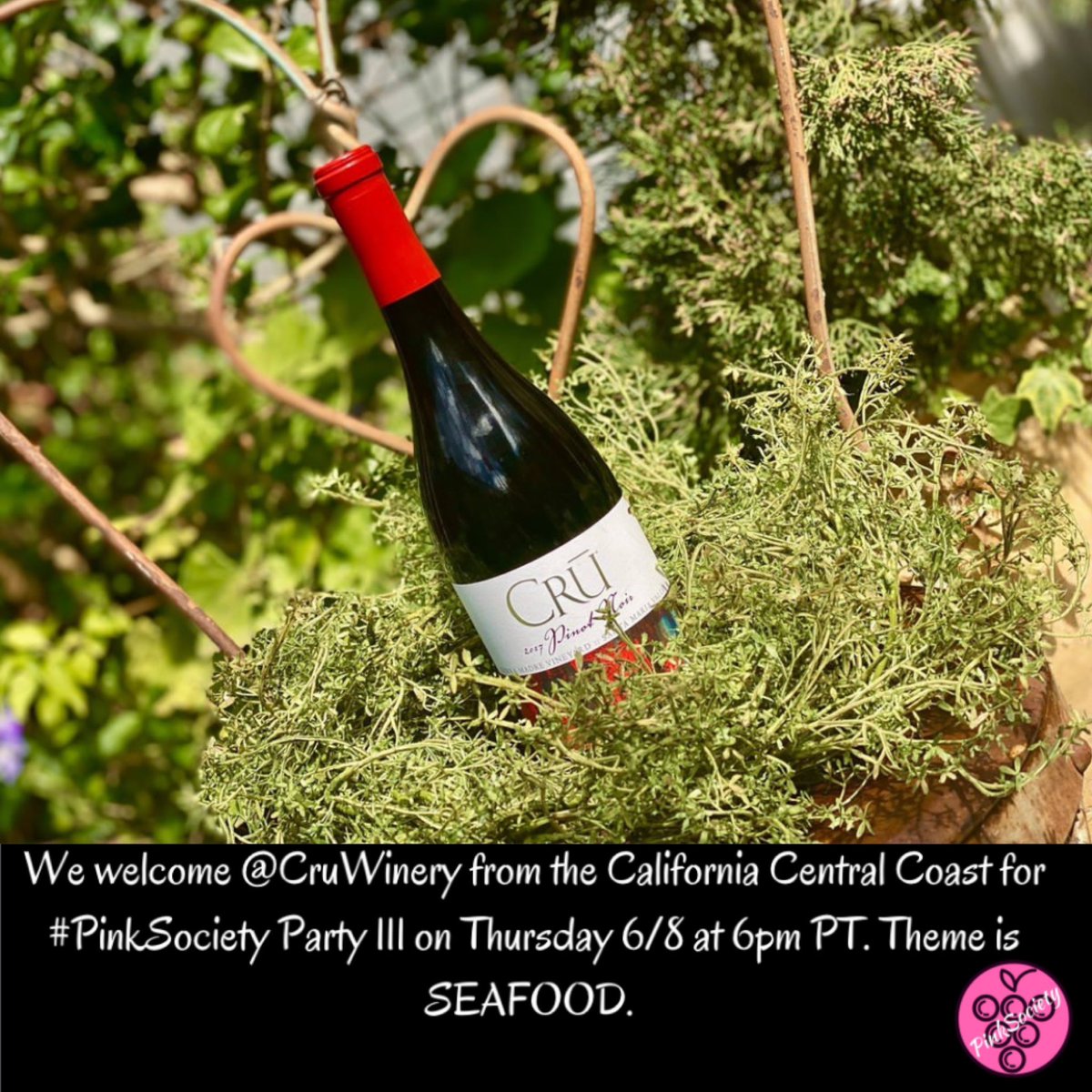 We welcome @CruWinery from the California Central Coast for #PinkSociety Party 111 on Thursday 6/8 at 6pm PT. Theme is SEAFOOD. Enjoy your weekend & save the date. @grapelive @jflorez @RedWineCats @boozychef @AskRobY @winedivaa @IlliniMJ @WineCheeseFri