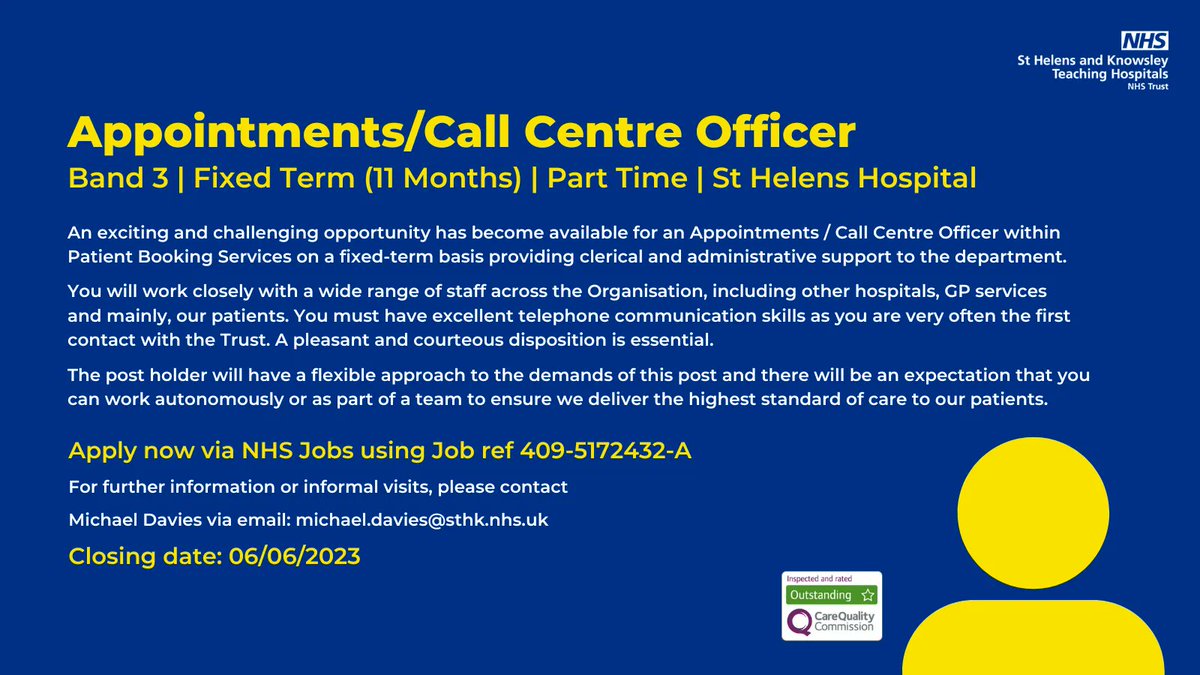 🎉 An exciting and challenging opportunity has become available for an Appointments / Call Centre Officer within Patient Booking Services providing clerical and administrative support. 

✅ Apply now: buff.ly/3BWYwyV 

📅 Closing date: 06/06/2023

#WeAreTheNHS #NHSJobs