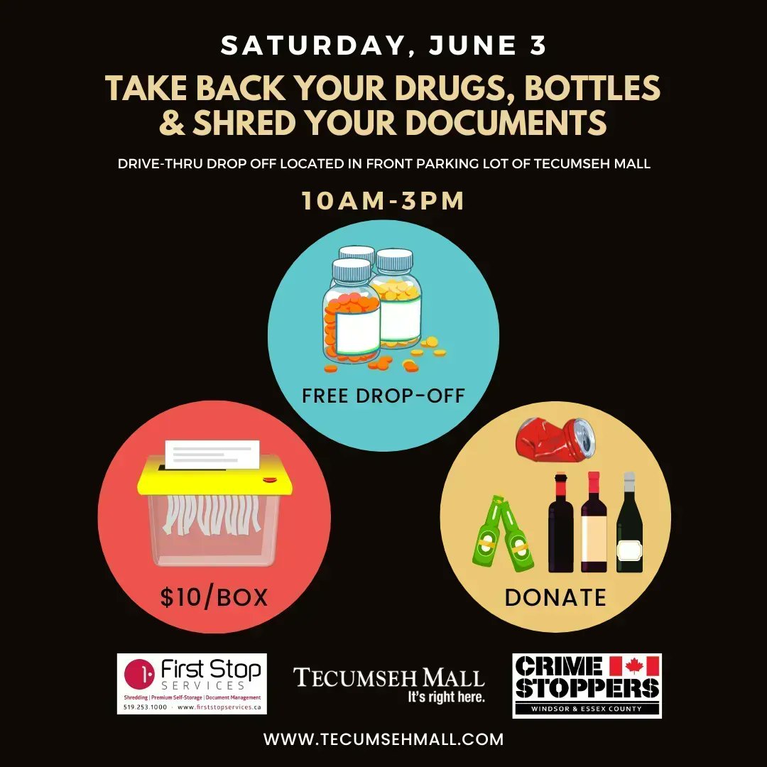 tecumsehmall's tweet photo. It's soon!! 📅 Mark your calendars &amp; Clear out your clutter! @CStoppers TAKE BACK YOUR DRUGS, BOTTLES &amp; SHRED YOUR #DOCUMENTS EVENT! SAT, JUNE 3, 10AM-3PM. Details: https://t.co/ILKVBNFgKg #tecumsehmall #crimestoppers #free #dropoff #medications #FirstStopServices #shredding https://t.co/PfEUX3Dvte
