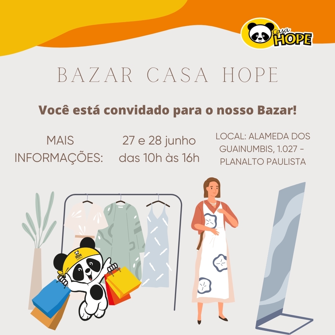 O nosso Bazar acontecerá nos dias 27 e 28 de junho, das 10h às 16h na Alameda dos Guainumbis, 1.027, no Planalto Paulista.

Estaremos esperando vocês!
  
#bazarcasahope #bazar #casahope #cancerinfantil #amigosdopanda #criançascomcancer #doaçaocasahope