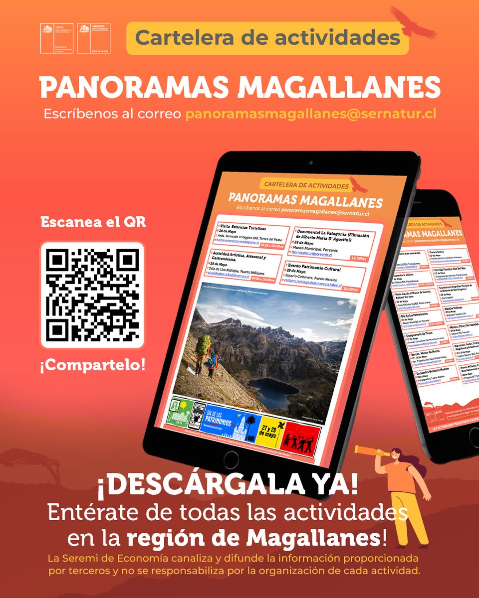 ¿Tienes panoramas para el finde? 📷
¡Descubre las opciones en toda nuestra región e infórmate con lo que te traemos en la cartelera de actividades "Panoramas Magallanes" edición especial Día de los patrimonios! 📷 

Descárgala en el link: tinyurl.com/panoramasmagal… 📷