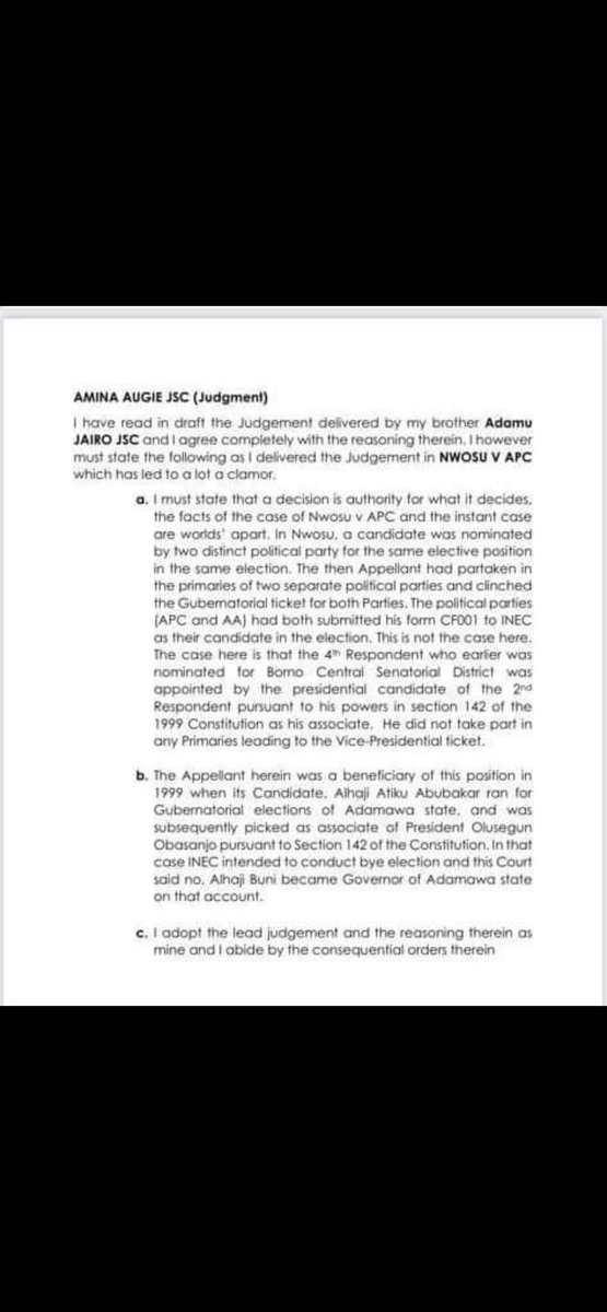 fkeyamo's tweet image. See how the very respected, very cerebral and very erudite Justice Amina Augie dissected the issue of ‘double nomination’ and distinguished the case of Nwosu V APC. His Lordship (there’s no lady at the Bar) also pointed out that ATIKU Abubakar himself was a beneficiary of what he…