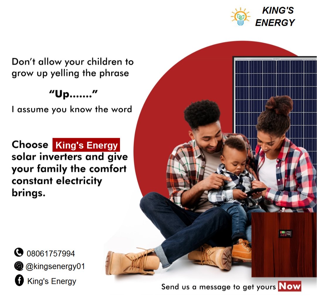 It's Children's Day and a great weekend, Enjoy 24/7 Uninterrupted electricity with your family. Get King's Energy Solar Inverter system Today 👨‍🔧🧤⚡☺️

#solarpanels  #solarenergy #kingsenergy  #greenhouse #GHGemissions #solarpowered #children #childrensday #MonacoGP #Survivor
