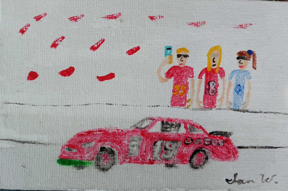 Artwork of @JeremyMayfield with @etemoncheri seen wearing a Lightning McQueen shirt with her metallic gold nails sitting next to Alienated Rocker Emily and Deaf Paper Doll Model Amy at Bristol Motor Speedway in Bristol, Tennessee https://t.co/fUxca4c7sf