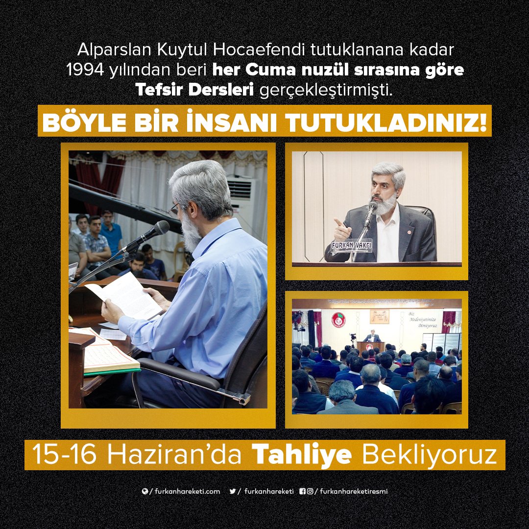 Böyle Bir İnsanı Tutukladınız!

Alparslan Kuytul Hocaefendi tutuklanana kadar 1994 yılından beri her Cuma nuzül sırasına göre Tefsir Dersleri gerçekleştirmişti.

15Haziranda TahliyeBekliyoruz
#AlparslanHocayaÖzgürlük