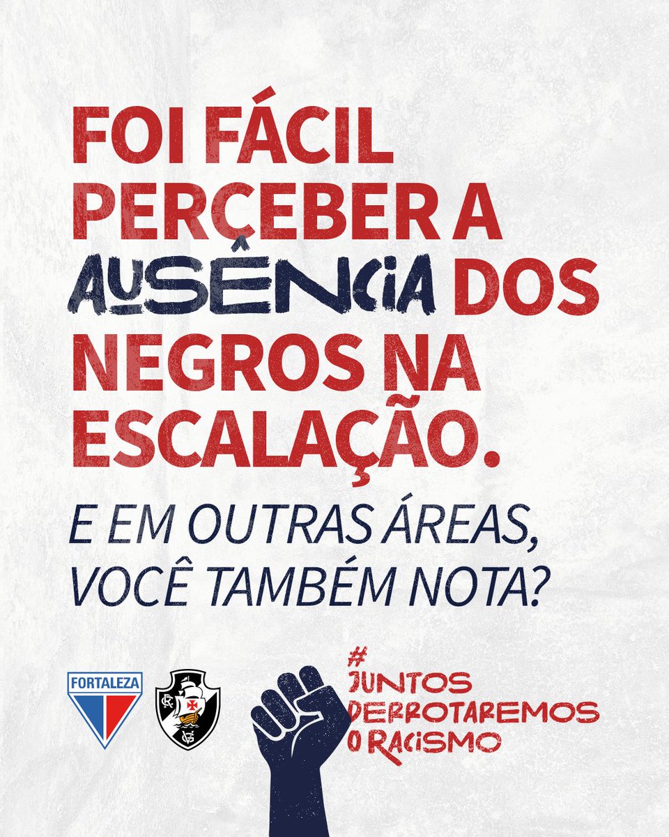 FortalezaEC's tweet photo. No mercado de trabalho, nas salas de universidades, nos cargos de gerência, na política. Em um país de maioria negra, não é comum vermos pessoas pretas nessas áreas, e isso é reflexo de um racismo que vai muito além do insulto e da injúria. É para derrotá-lo que levantamos essa bandeira. Por RESPEITO, IGUALDADE e INCLUSÃO. 

Para que os negros ocupem todos os espaços, não apenas em um campo de futebol, mas em toda sociedade. 

✊🏿✊🏾✊🏽✊🏼✊🏻

◉ Todos os atletas foram consultados para a execução desta ação.

#JuntosDerrotaremosORacismo #CollabBrasileirão2023 #FortalezaEC #VascoDaGama