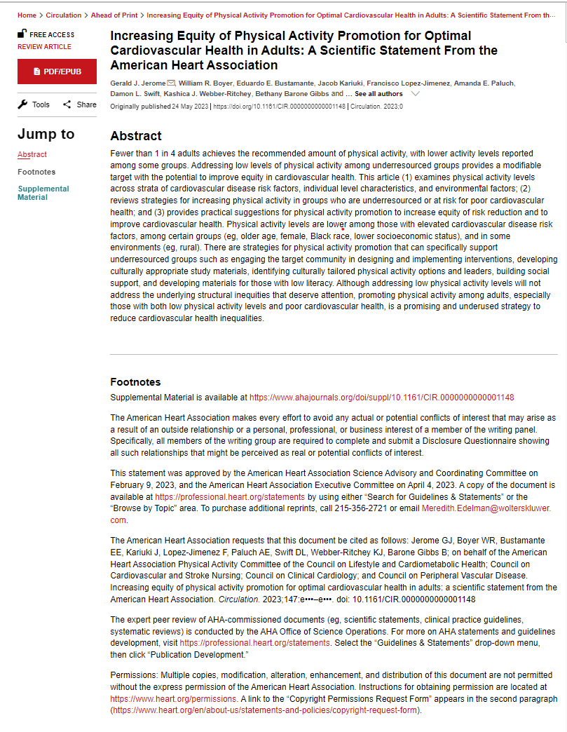 RitcheyWebber's tweet photo. Find out how to promote physical activity in underresourced groups to improve cardiovascular health in American Heart Association Scientific Statement recently published @CircAHA https://t.co/wKI3P5jrG7