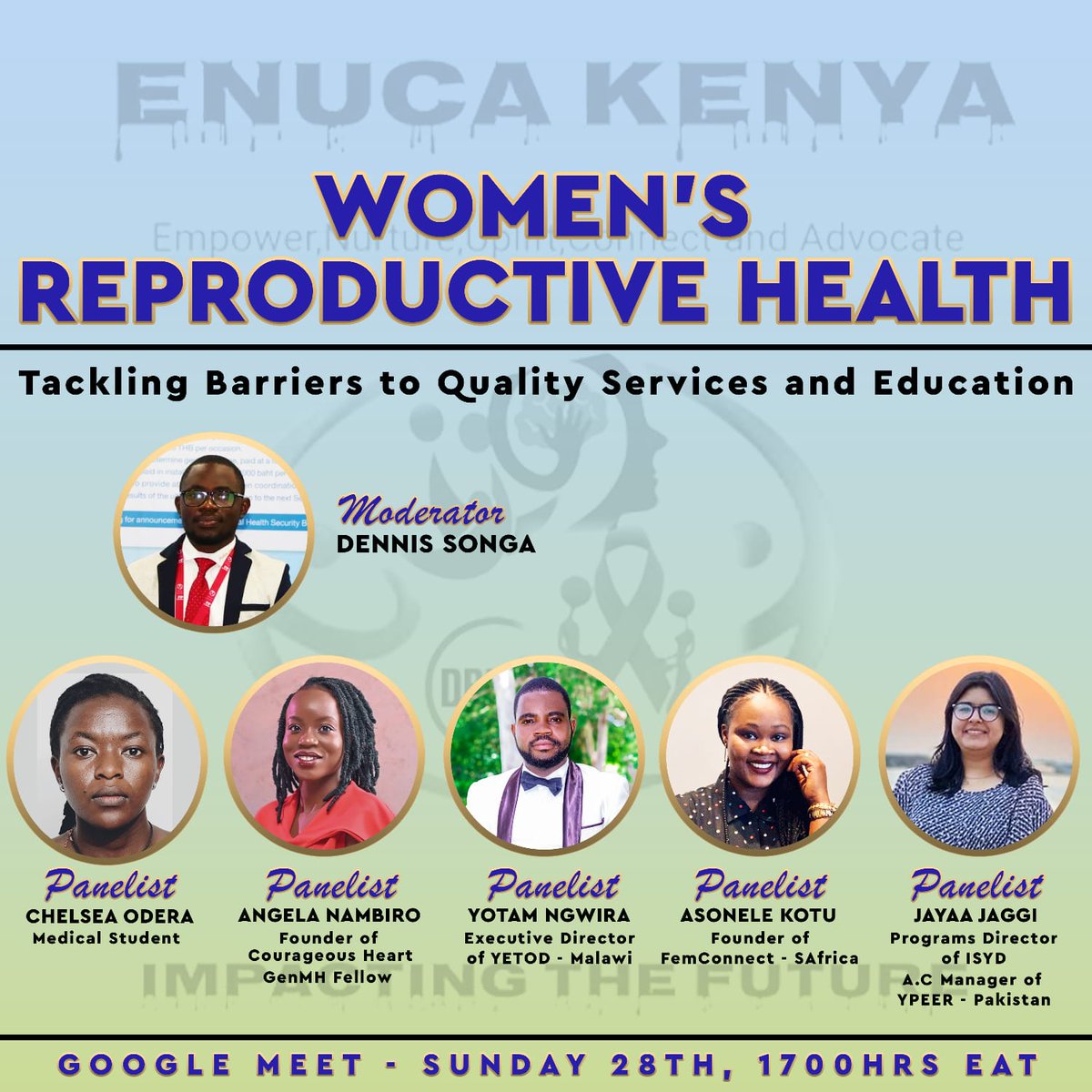 DennisSonga's tweet photo. Helloo, in commemoration of International women's health day on Sunday 28th, ENUCA-KENYA will be hosting a virtual google meet session. You are all invited.             To join the meeting  click 
https://t.co/aso0Kyddbv 
 
Or open Meet and enter this code: wmw-frac-yrz https://t.co/ZhgftB4jZI