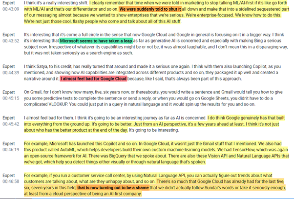 RihardJarc's tweet photo. One of the best interviews I read. 

Former Global Head at $GOOGL /GCP who worked there for 7 years:

- $GOOGL's edge on AI 
- Talks about CEO of GCP: T.K - 60% of the time on customer-facing calls
- Transition from SMB clients to enterprises
- Thinks $MSFT Azure will be num. 1 https://t.co/Jl9m7nallx