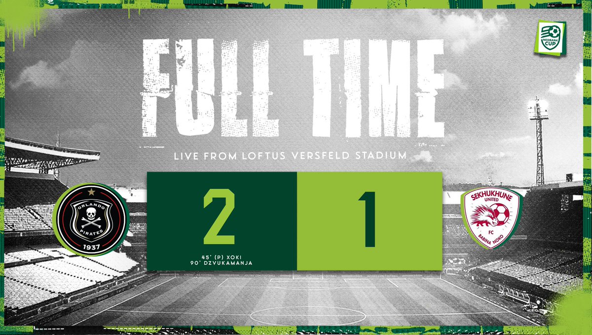 orlandopirates's tweet photo. ☠️ FT || @orlandopirates 2 - 1 @SekhukhuneFc

🥅 45' (P) Xoki
🥅 90' Dzvukamanja 

⚫️⚪️🔴⭐️
#Matchday #NedbankCupFinal
#OrlandoPirates
#OnceAlways https://t.co/ohV64f0qHY