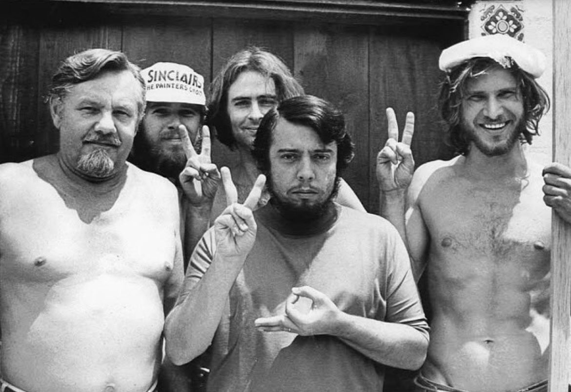 historyinmemes's tweet photo. Around 1970, Harrison Ford can be seen on the far right in this photograph, during his time working as a carpenter involved in the construction of a recording studio for Brazilian musician Sergio Mendes. https://t.co/ykoSuSs1d4