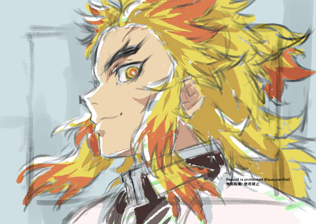 rengoku kyoujurou 1boy male focus forked eyebrows solo blonde hair smile demon slayer uniform  illustration images