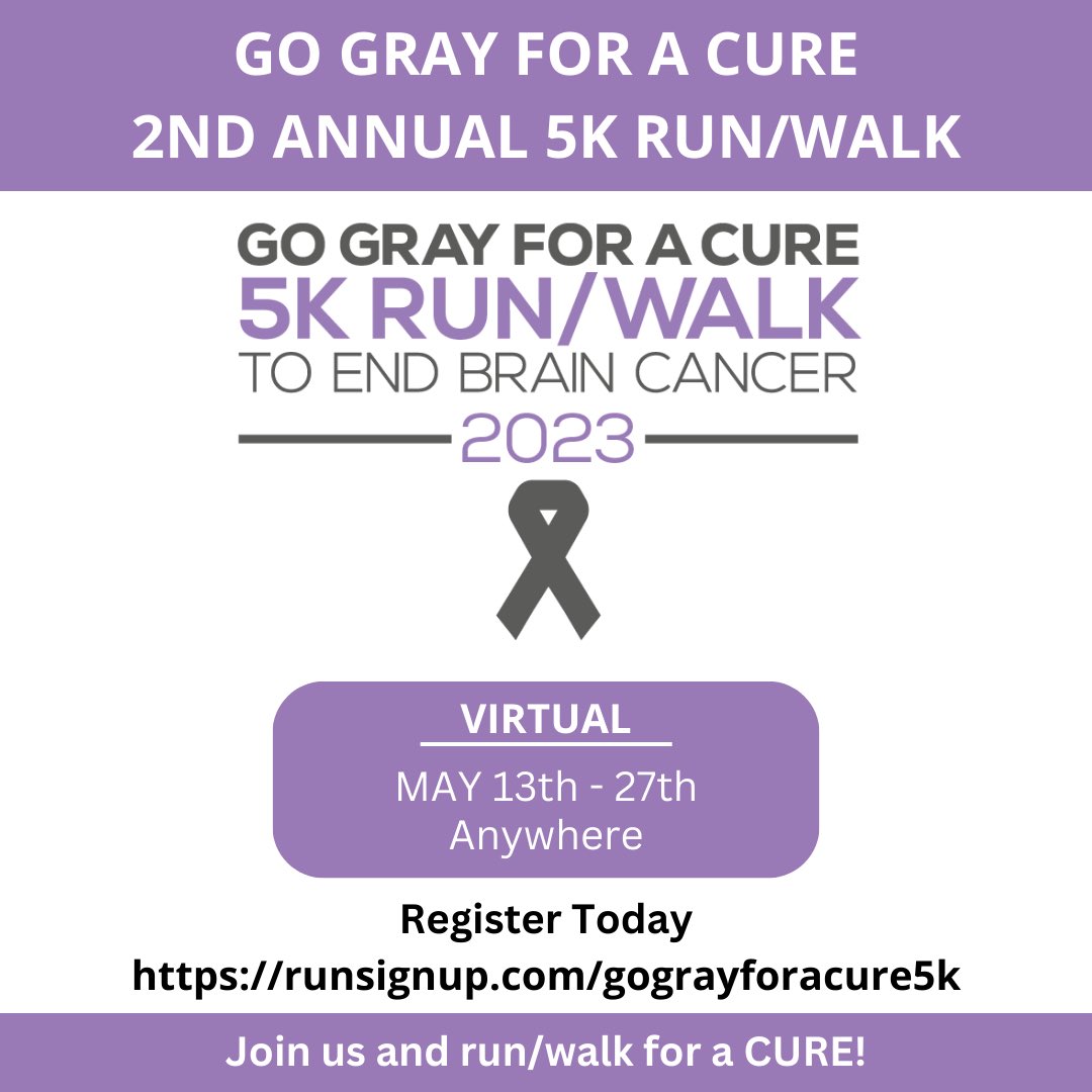 Today is National Gray Day and the last day to register for our 2nd Annual Go Gray for a Cure Virtual 5K to end brain cancer.  Have you signed up yet? Who do you Go Gray for?
 
runsignup.com/GoGrayForACure…

#NationalGrayDay #GGFAC #GoGray #GoGrayInMay #GrayMay #GoGrayForBrainCancer