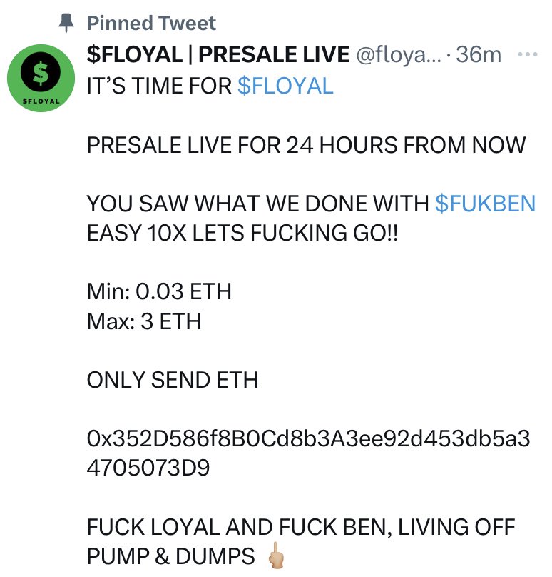 floyal_eth's tweet photo. $LOYAL OR $FLOYAL ?? 

$LOYAL 
0xeA3409119Aaa6EAC2fed7A326F6048749e91113b

$FLOYAL
0x352D586f8B0Cd8b3A3ee92d453db5a34705073D9

Pick one and send 0.03 $ETH https://t.co/BhtqlYajA1