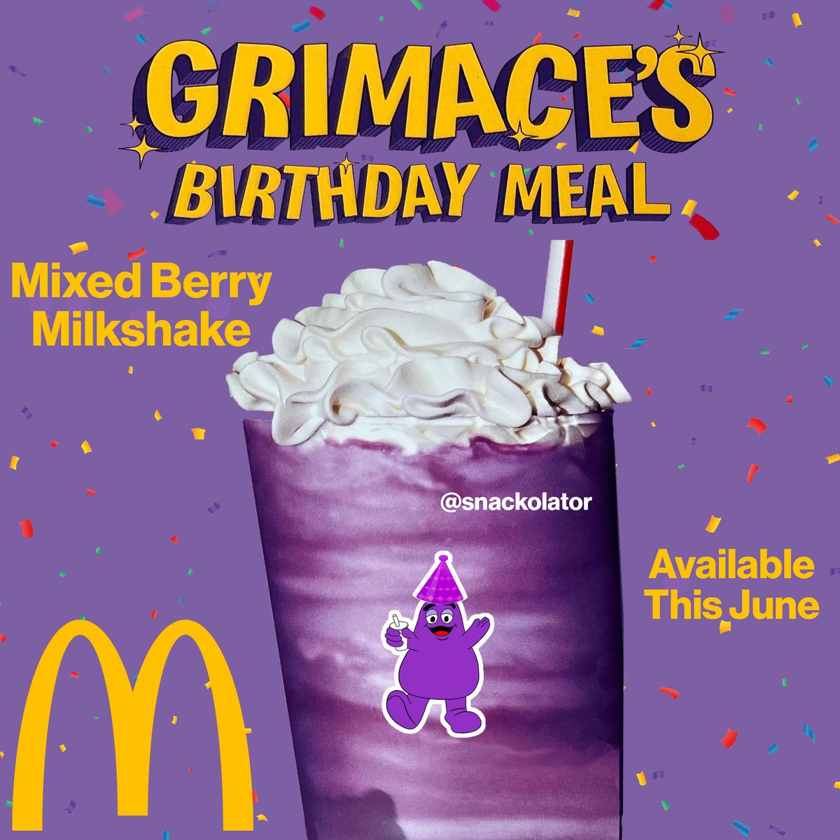 snackolator's tweet image. McDonald's is dropping a new Grimace Birthday Meal this June and I can now confirm the flavor of the Grimace milkshake will be MIXED BERRY.

I am excited for this one - anytime you get a unique flavor I will be there to try it.

Are you grabbing this one?