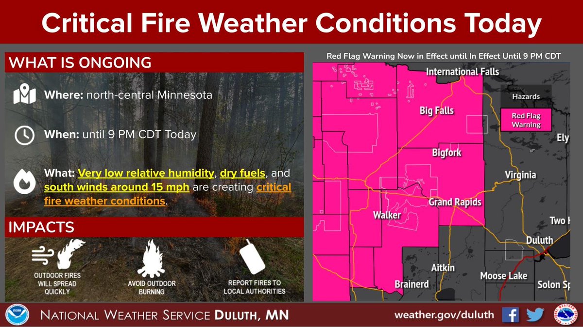 Critical fire weather conditions are ongoing in north-central Minnesota this afternoon and will continue into this evening. A Red Flag Warning has been issued for north-central Minnesota. Near-critical fire weather conditions continue in northeast MN and northwest WI. #WIwx #MNwx https://t.co/4WDNN1WZ3n