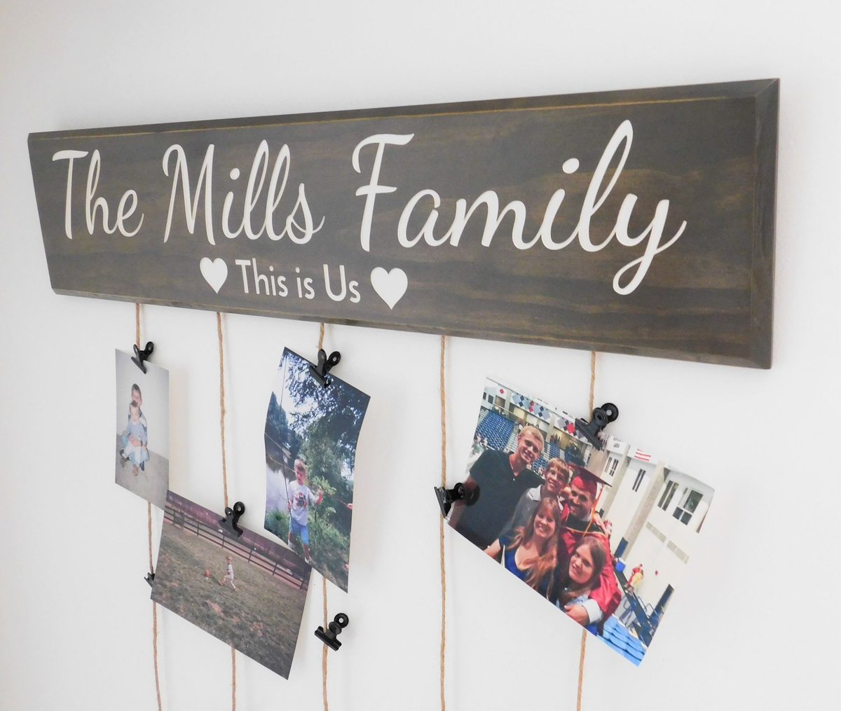 New in the shop! Personalized Family Photo Wall Display! #familyphotos #family #lastnamesign #millybeanhandiworks