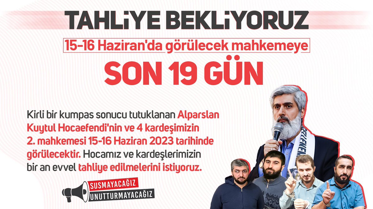 19 days left for Shaykh Alparslan Kuytul's @alparslankuytul  court.

WE ARE WAITING FOR RELEASE!

15Haziranda TahliyeBekliyoruz
#AlparslanHocayaÖzgürlük