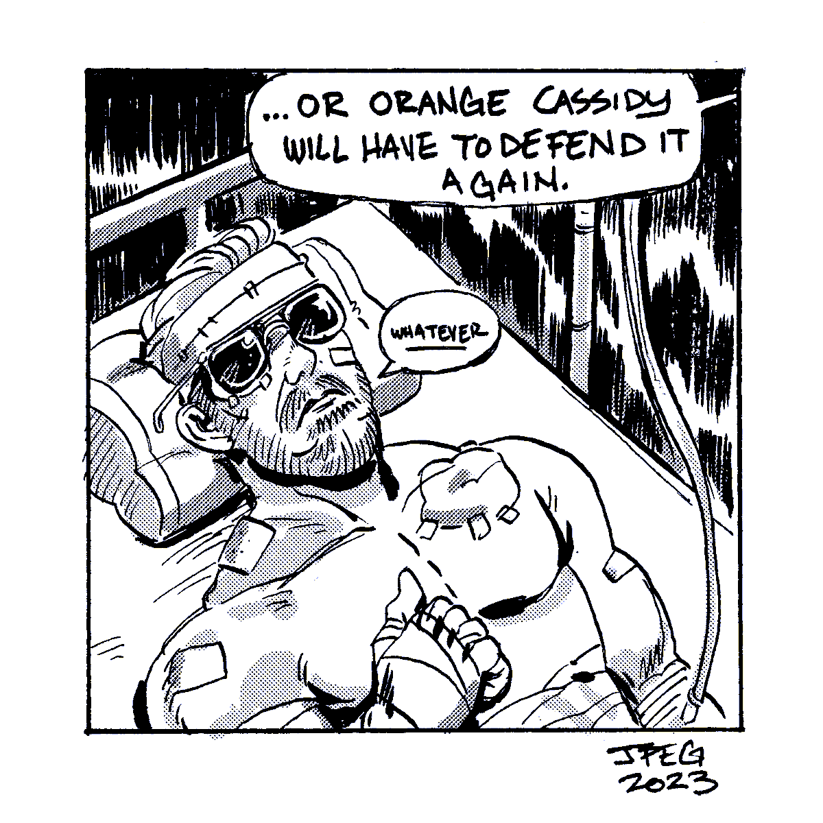 Jpegolden's tweet photo. Quick doodle comic for Double or Nothing; do evangelion memes go with wrestling? ft @TonyKhan , @orangecassidy and a bunch of tiny cameos. https://t.co/jceFKFlBtT