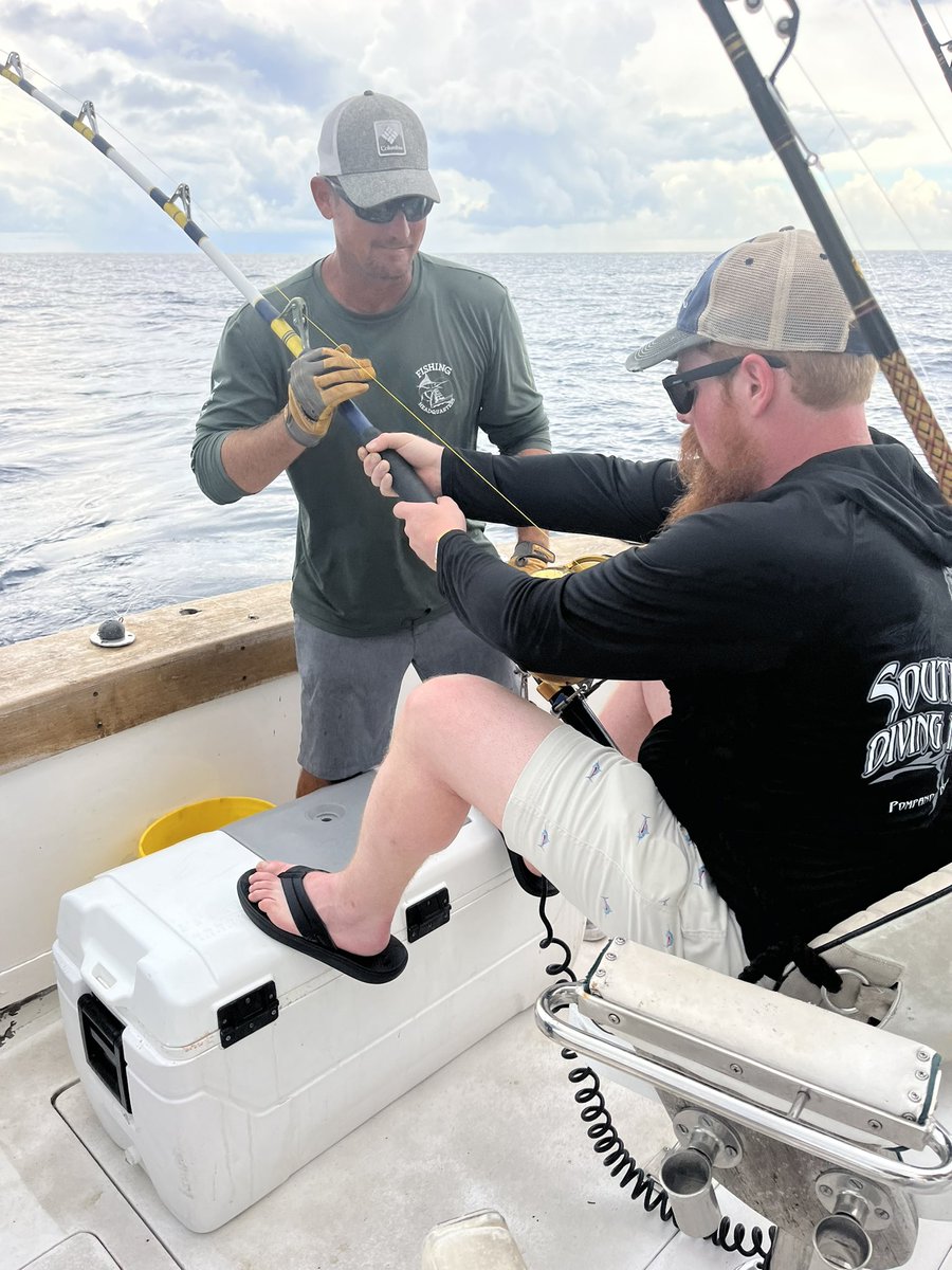 Tim15167195's tweet photo. After a 45 minute fight Logan hauled in an 8 foot long lemon shark. 😁 #deepseafishing  #PompanoBeach https://t.co/5PRghsJh7B