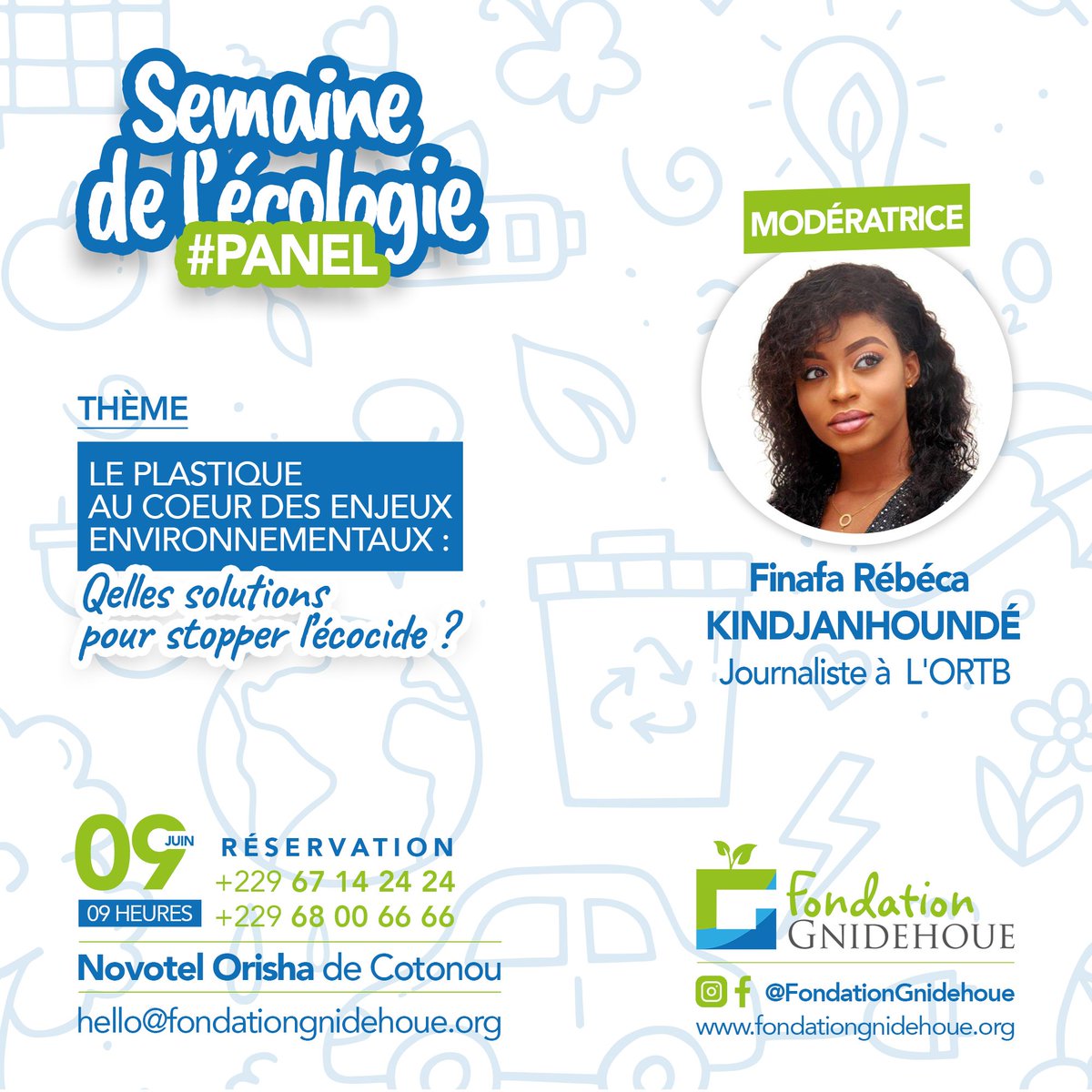 Ne manquez pas Finafa Rébéca KINDJANHOUNDE, journaliste à l'@ortb_info, modérant le panel sur le plastique et l'écocide pendant la Semaine de l'Écologie !🌍 Rejoignez-nous pour un échange vital et perspicace. #SemaineEco2023 #EcoResponsable #StopPlastique #StopEcocide