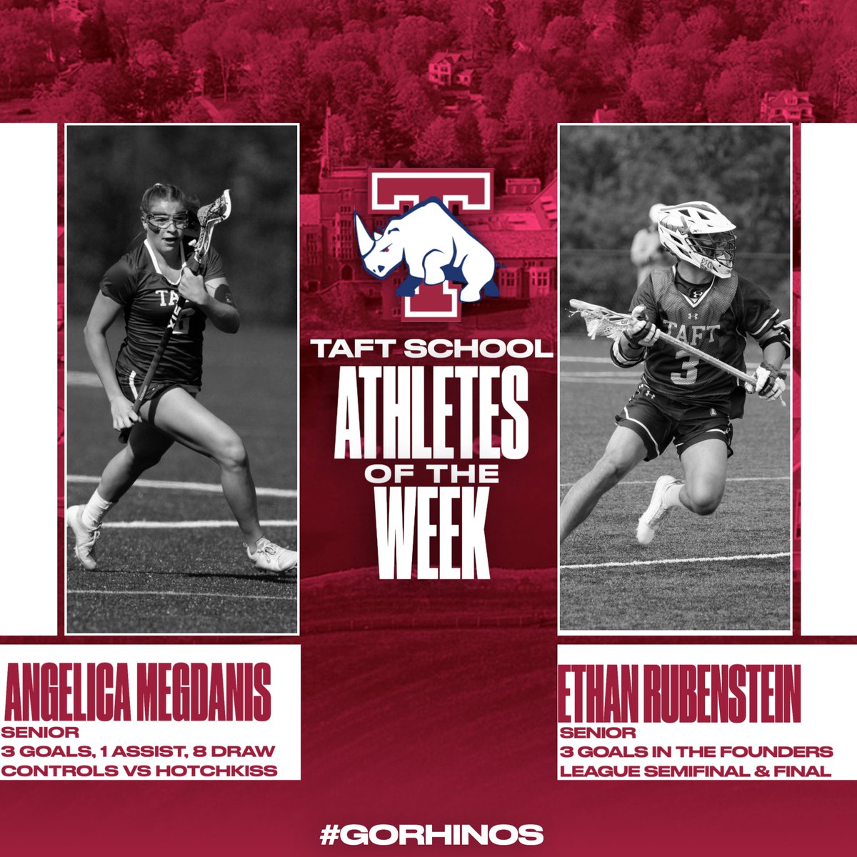 Angelica Megdanis '23 contributed 3 goals, 1 assist, and 8 draw controls in the Founders Championship for @taftgvlax

Ethan Rubenstein '23  posted hat tricks🎩 in the Founders Semifinal & Final to help @taftbvlax win a title!

🦏🥍 #taftathletics #gorhinos #gobigred #wearetaft