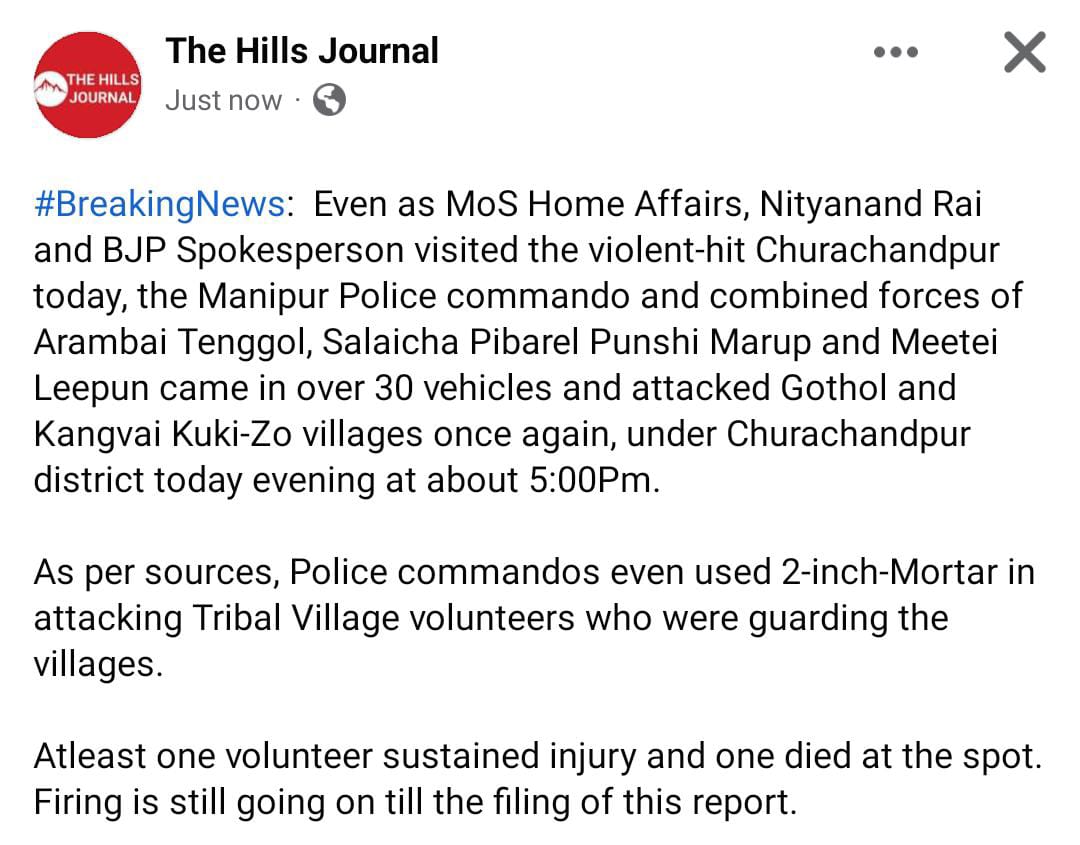 Tonsing_S's tweet photo. JUST IN! SOS! 7:30 pm (Apx)
The "Anti-National" Meitei separatist group and the Manipur Police Commando, which swore oaths to Kangleipak integrity, continue to attack Kuki-Zo villages in Lamka. A tribal killed on the spot! Please help!
#SeparationOnlySolution
#AntiNationalMeiteis https://t.co/saxOZGOpJd