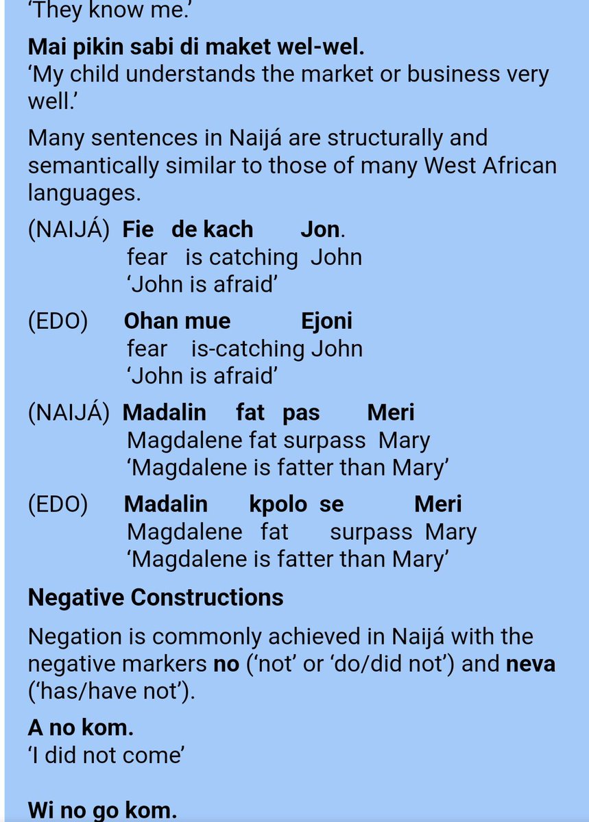 Our English based creoles don't  always follow the word order as English.   These are examples showing 'OSV' structure.. English uses SOV always.  You can't say ' fear is catching me ' in English .. but in naija language you can . This is the same in Gullah as they