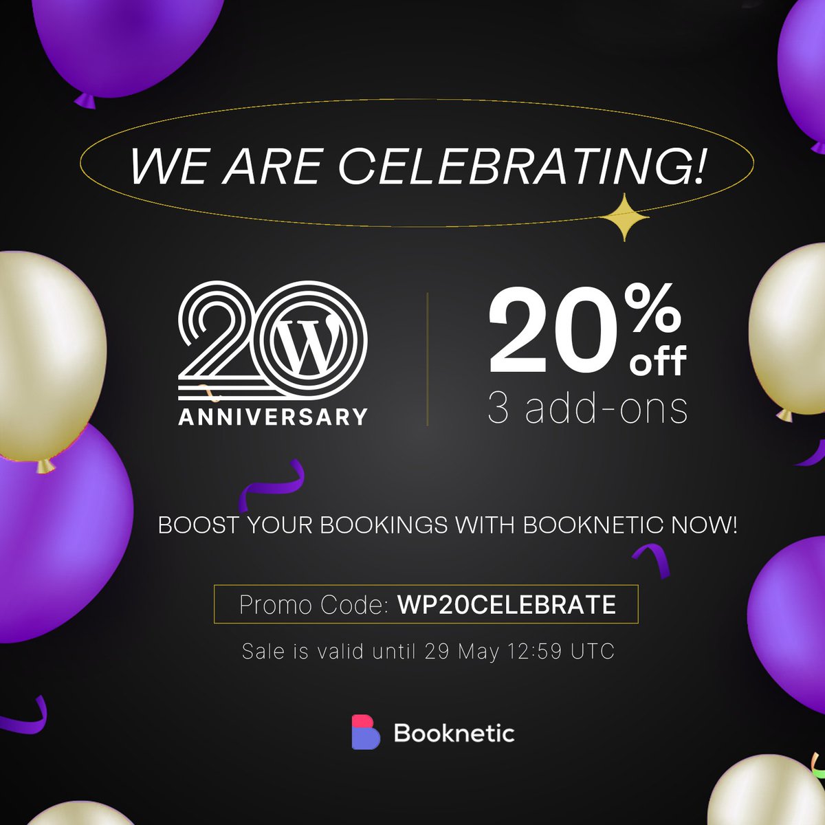 booknetic's tweet photo. 🎉 Celebrate WordPress's 20th Birthday! 🎉 #WP20

Get 20% off our top 3 Booknetic add-ons from May 27-29.

📋 Customer Panel: Simplify managing appointments and profiles.

🎁 Gift Cards: Personalize and engage customers.

📊 Reports: Gain business insights. https://t.co/GpRKayDBwK