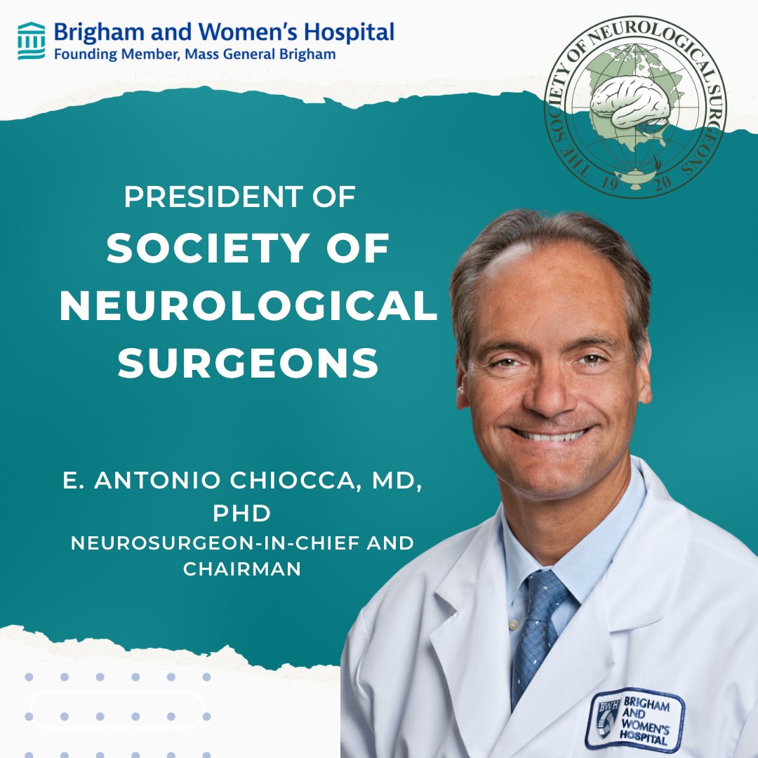 BWHNeurosurgery's tweet photo. Congratulations to our chairman, @EAChiocca , MD, PhD, FAANS, for being elected as the president of the Society of Neurological Surgeons!👏🏻 https://t.co/jkujPqAqBm