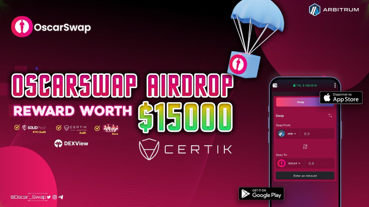 🚀 Airdrop: OscarSwap
💰 Value: $6 $OSCAR
🏆 Winners: 2000 Random
👥 Top 250 Referrals: $12 $OSCAR
📼 Audit: Certik
📒 Partnership: Gnosis Safe , BAYCARB
📅 End Date: 20th June, 2023

Talk with the Telegram Bot
t.me/OscarSwapAirdr…

#Airdrop #Airdrops #Crypto #CryptoTownEU