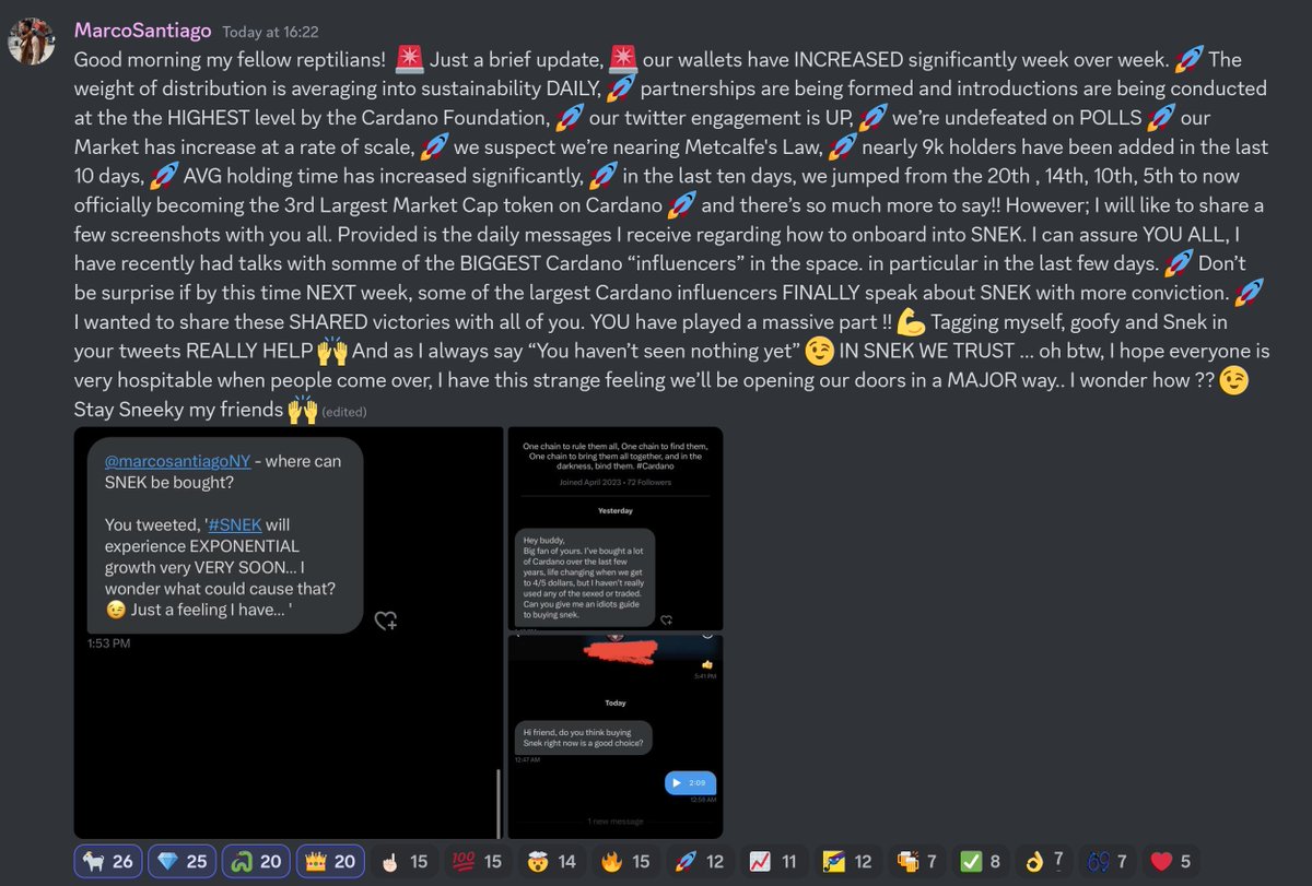 CryptoPhenoman's tweet image. $SNEK 
🐍 Good morning my fellow reptilians! 
🐍We've had some amazing progress this week:
🐍Our wallets have increased significantly week over 🐍week
🐍Partnerships are being formed at highest level by the Cardano Foundation
🐍Our twitter engagement is up
🐍Undefeated on polls