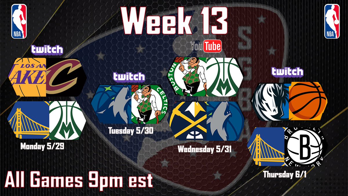 Good morning SGBA Nation.  Hope everyone has a safe and happy holiday weekend.  We tip off Week 13 on Monday.  Here is the upcoming schedule. #MemorialDay #SGBA #1League <a href="/iNetworkSports/">iNetwork</a> <a href="/SupportingStre3/">Network GG</a> <a href="/GamerGrowth/">GamerGrowth</a> <a href="/DubbyEnergy/">DUBBY®</a>  <a href="/JerkyProEsports/">JerkyPro eSports</a> <a href="/MiMi_Iink/">MiMi ®</a> <a href="/CaveaIO/">CAVEA</a> #NBA
