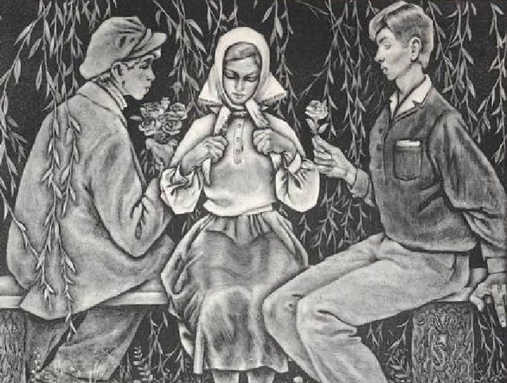KobzarArt's tweet photo. On a warm summer evening, fate brings forth a momentous encounter on a bench beneath the willow tree. A young and beautiful girl finds herself in a state of confusion... Two young men vie for her heart. #fineart #lithograph #love #summer #UkrainianArt #gerl #men #UkrArt #graphics https://t.co/0CtX9XpfqY