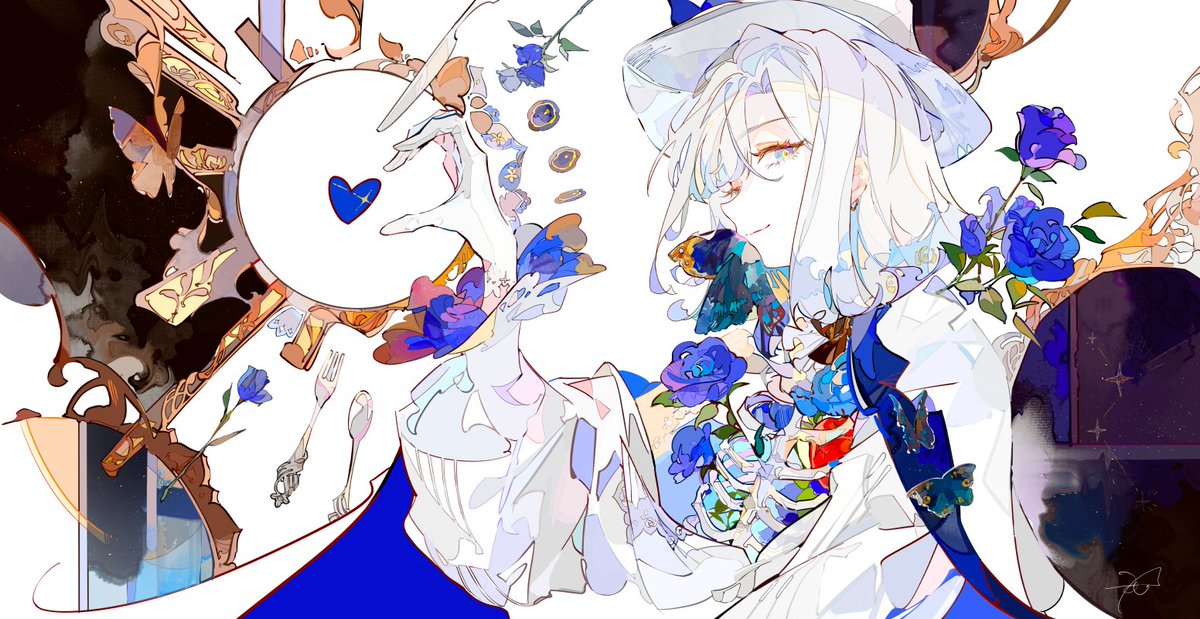blue flower flower hat white hair solo blue rose heart  illustration images
