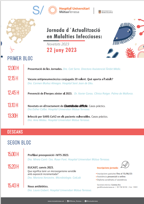 📢📢📢Jornadas de Actualización en Enfermedades Infecciosas 2023 🔝🔝
🗓️el 22 de junio en HUMT <a href="/Mutua_Terrassa/">MutuaTerrassa</a>
🏹Dirigida a especialistas de atención primaria, hospitalaria, farmacéuticos, microbiólogos y enfermeras de CI. 
<a href="/pfizer_spain/">Pfizer España</a> 
@Tilotts_ES
<a href="/GSK_ES/">GSK España</a> 
<a href="/SCMIMC1/">SCMIMC</a>  
<a href="/seimc/">CTM Record's</a>