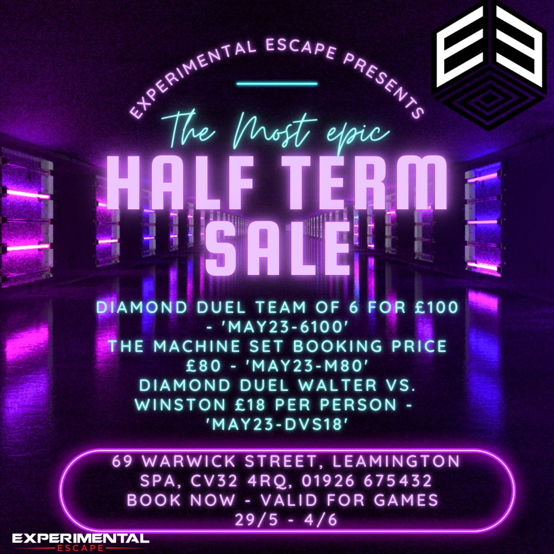 ExperimentalEsc's tweet image. Like a good half term sale? Book now with us - experimental-escape.co.uk/games/
#escaperoom #experimentalescape #escaperooms #escape #sale #halftermsale #halftermoffers #halfterm #family #friends #fun #summerfun #dayoutwiththekids #leamington #leamingtonspa #puzzle