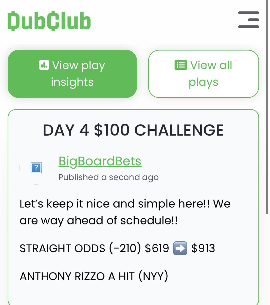 SGP_Vick's tweet photo. DAY 4 CHALLENGE
IT ONLY TOOK 20 MINUTES & WE WENT FROM PLAY 1 TO PLAY 3 ๐
Turning a tiny $100 INTO $619 โ
โ
NOW WE TAKE A BREAK & GO WITH THE EARLY BASEBALL GAME โ๏ธ
LETS TURN
$619 โก๏ธ $913 ๐
#GamblingTwitter #bigboardbets #sportsbettingtiktok #easypicks #mlb #fyp https://t.co/MTNwRWoRNQ