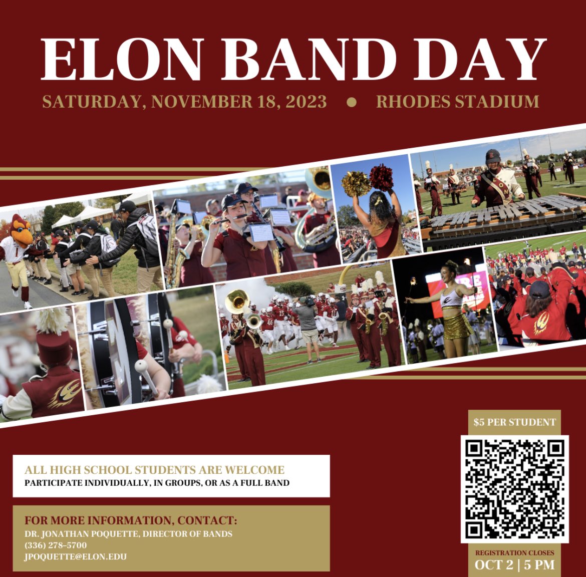 Mark your calendars! The 2nd Annual Elon Band Day is set for November 18! Any high school student can sign up to join for a day full of playing with the Fire of the Carolinas!