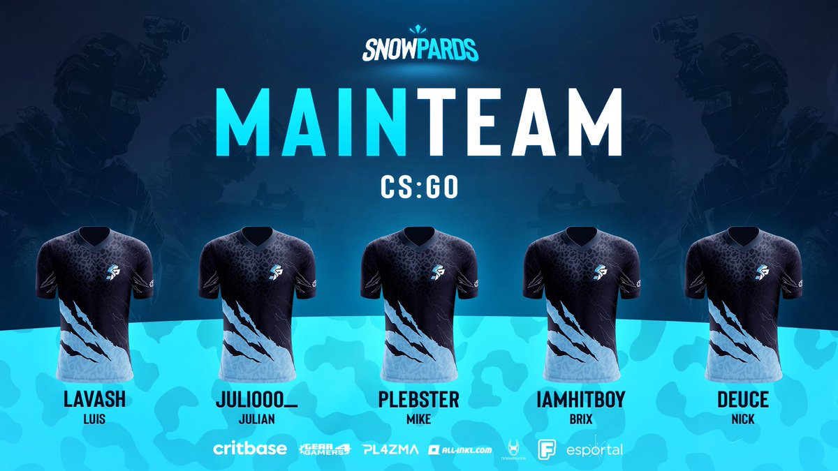 Heute dürfen wir Euch unser neues #CSGO Main Team vorstellen!

- Lineup -

Brix "IAMHITBOY" <a href="/HITBOYCS/">Brix Jens Schulz</a>
Mike "PlebSter" @Mike10676438 
Luis "Lavash" <a href="/lavash408/">Lavash</a>
Julian "Juliooo_" <a href="/Juliooo_15/">Juliooo_</a>
Nick "deuce" <a href="/deucevita/">deuce</a> 

- StandIns -

Florin "R1n"
Kai "Kainiggo"
Adem "mythoS"

Sie