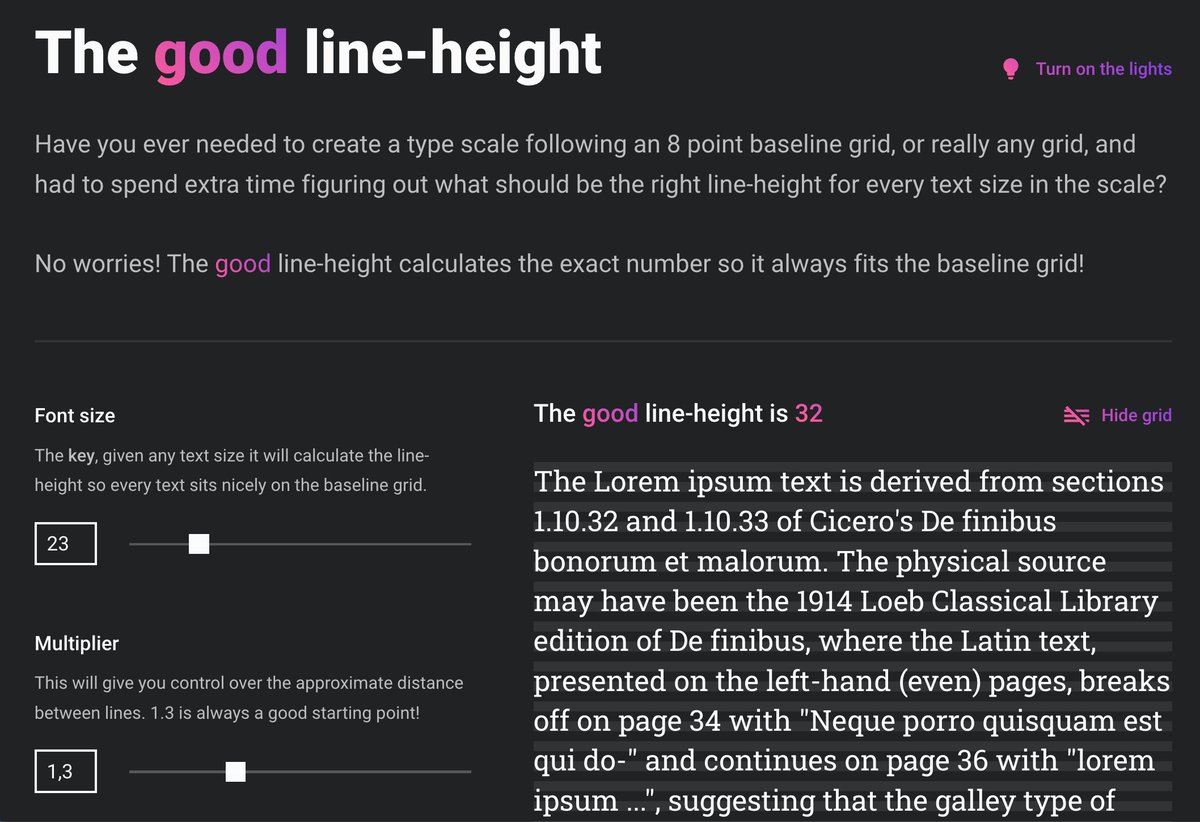 vitalyf's tweet photo. So helpful! The Good Line-Height (https://t.co/ZP3BBTclNu) is a nifty little tool, that calculates just the right line-height for every text size in the scale, so it always fit the baseline grid. One for the bookmarks. Created by @mrrocks. #ux #design #typography https://t.co/Px46Zsz6hg
